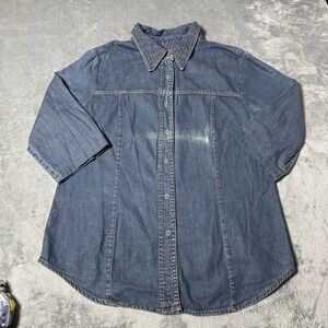 VTG 80s Womens Denim Sharp Collar 3/4 Sleeve Button‎ Snap Shirt Size L 21x27